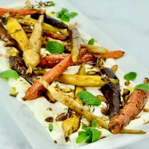 Roasted Rainbow Carrots with Lemon-Mint Yogurt