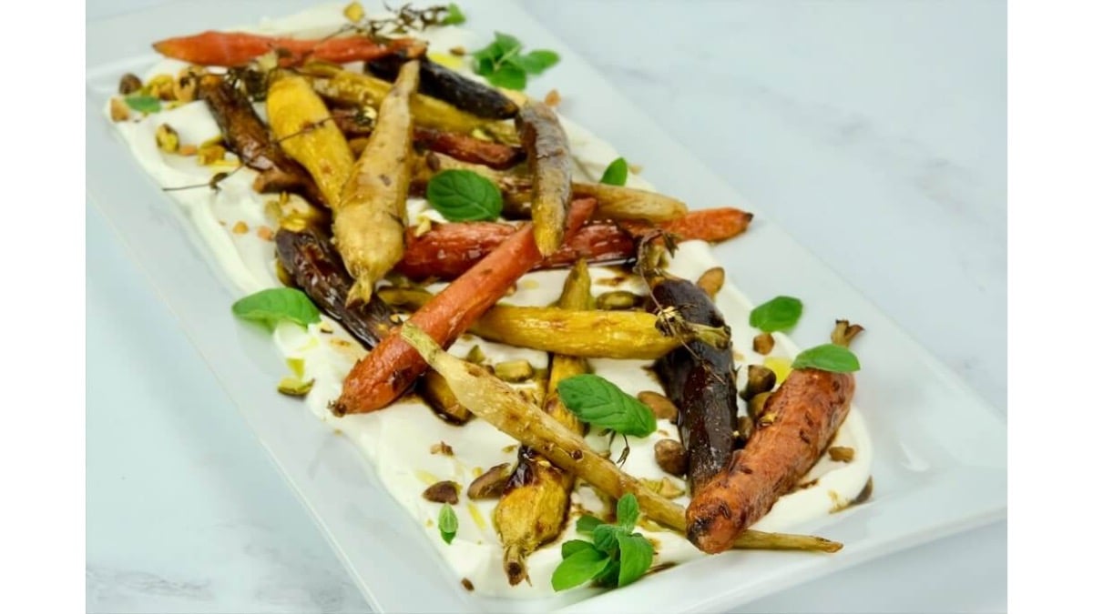 Roasted Rainbow Carrots with Lemon-Mint Yogurt