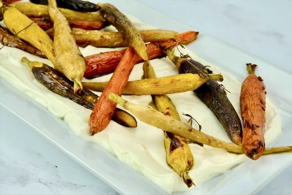 Roasted Rainbow Carrots with Lemon-Mint Yogurt