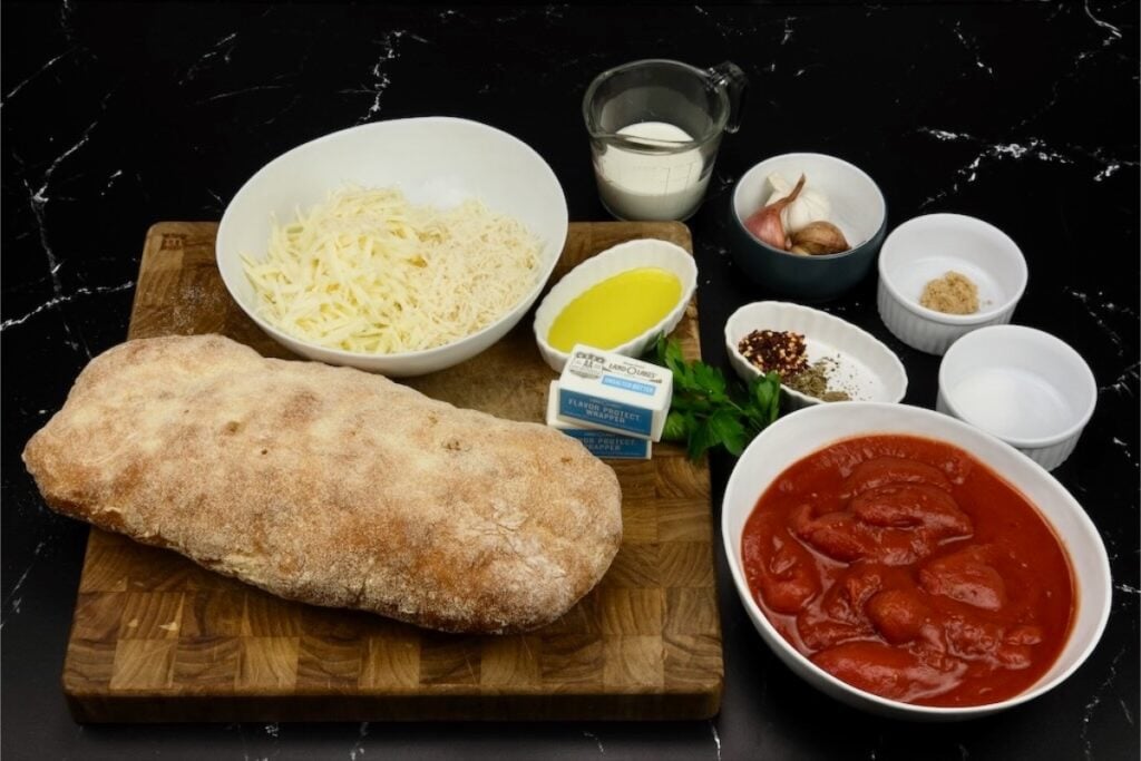 ingredients for the tomato soup with garlic bread recipe
