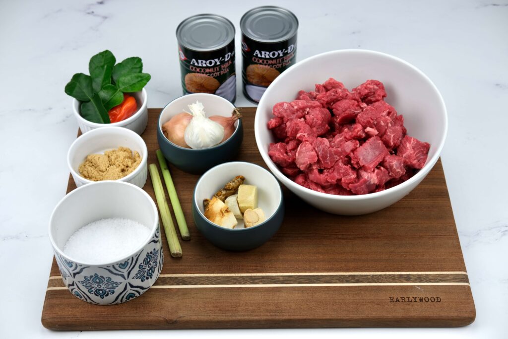 ingredients for Indonesian beef rendang dish