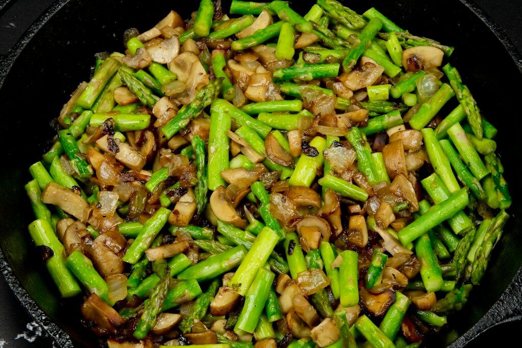 sauteed mushrooms and asparagus for brunch bread pudding