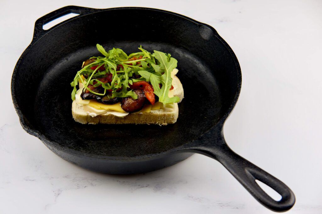 Portobello Grilled Cheese Sandwich on a cold skillet