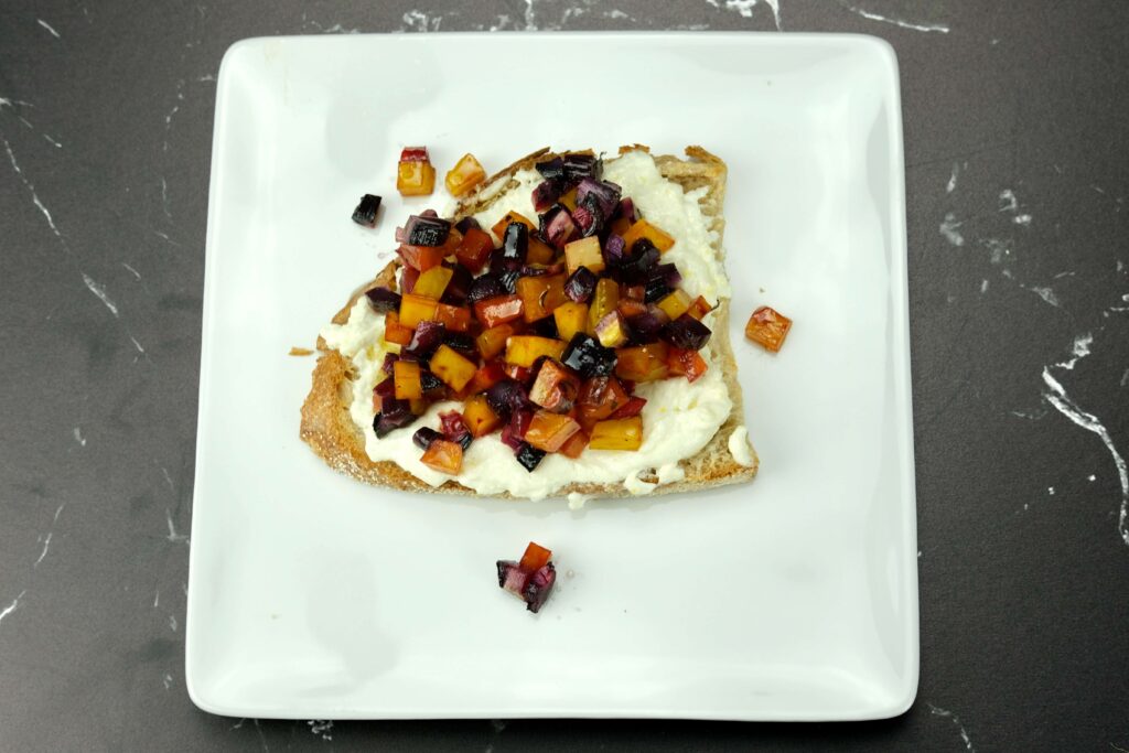 goat cheese toasts with roasted root vegetables