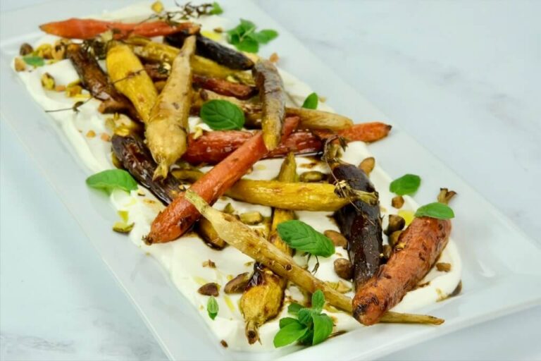Roasted Rainbow Carrots with Lemon-Mint Yogurt