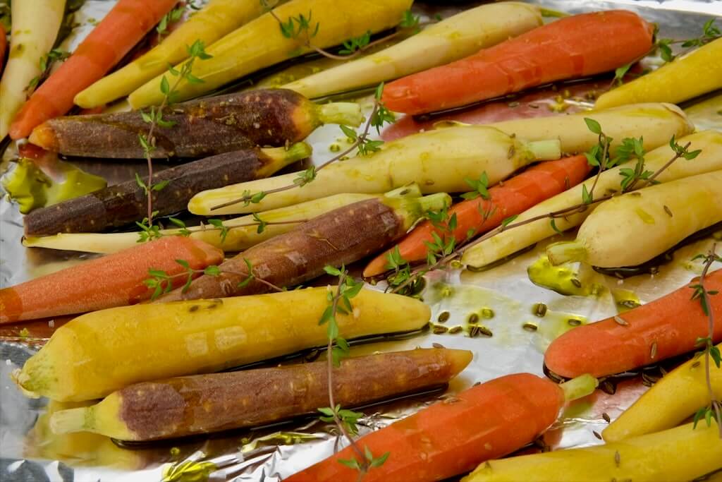 Roasted Rainbow Carrots with Lemon-Mint Yogurt