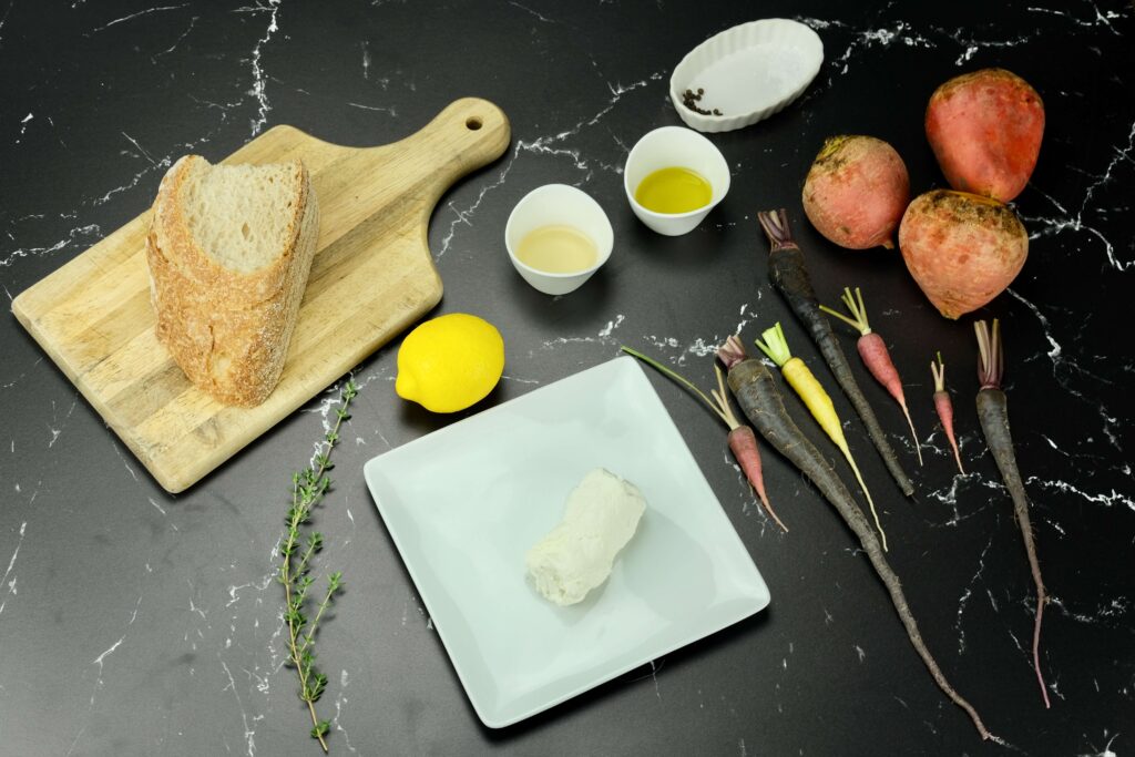 ingredients for goat cheese toasts with roasted root vegetables