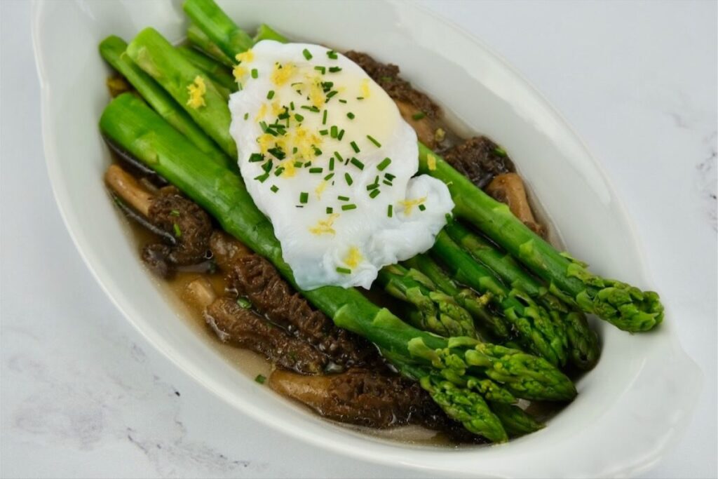 Warm Asparagus with Morel Mushrooms and a Poached Duck Egg