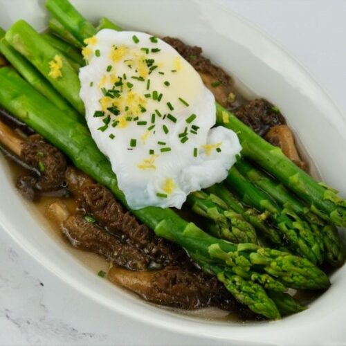 Warm Asparagus with Morel Mushrooms and a Poached Duck Egg