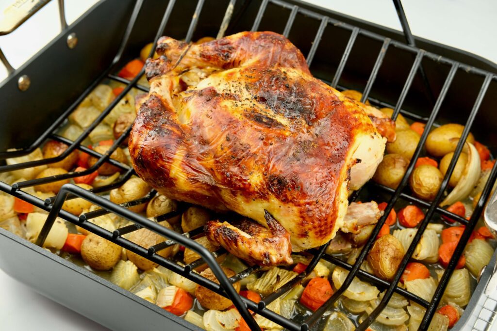 beautifully roasted buttermilk-brined chicken and vegetables