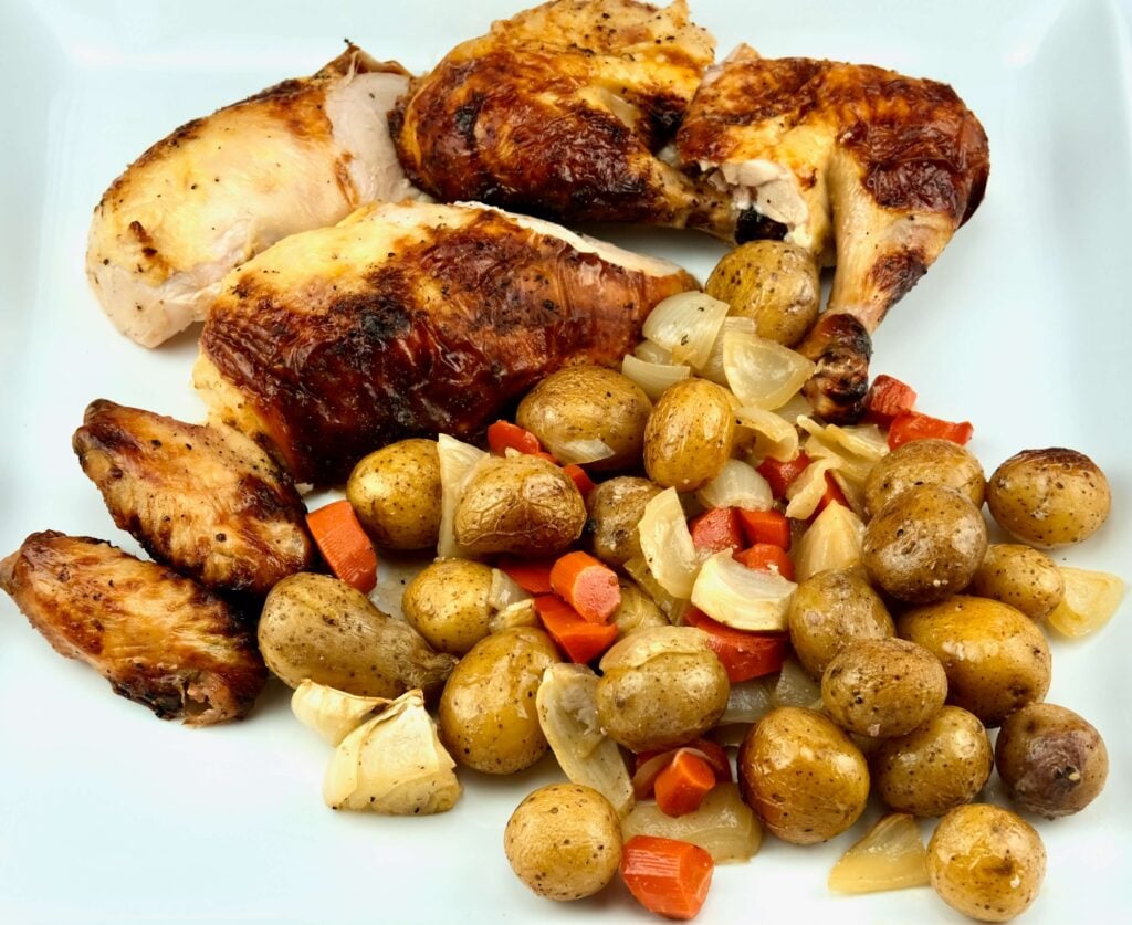 a serving of Buttermilk-Brined Roast Chicken with Root Vegetables