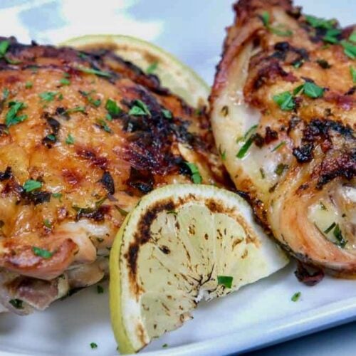 beautifully plated Chicken Under a Brick