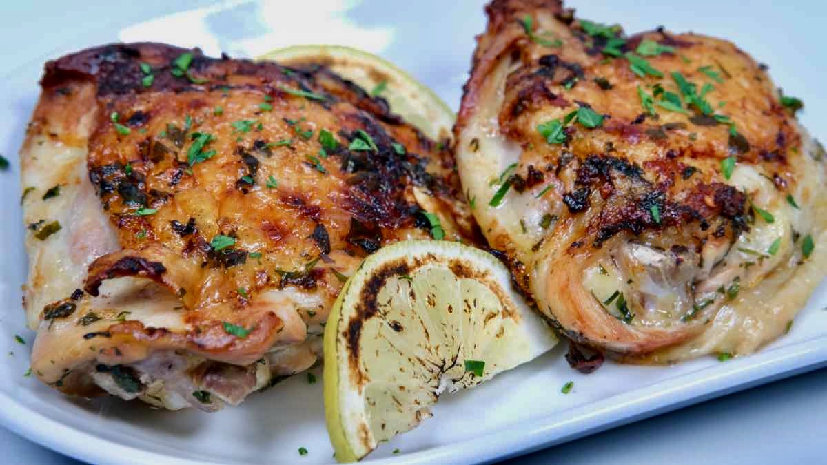 beautifully plated Chicken Under a Brick