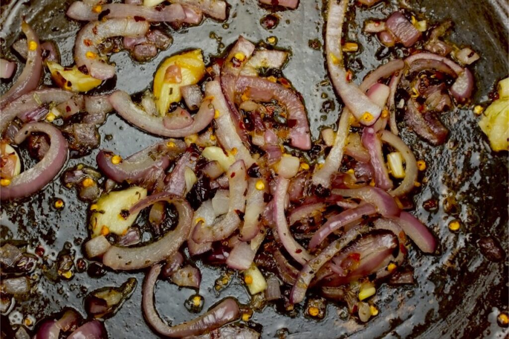 sauted shallot and garlic for the tomato soup with garlic bread