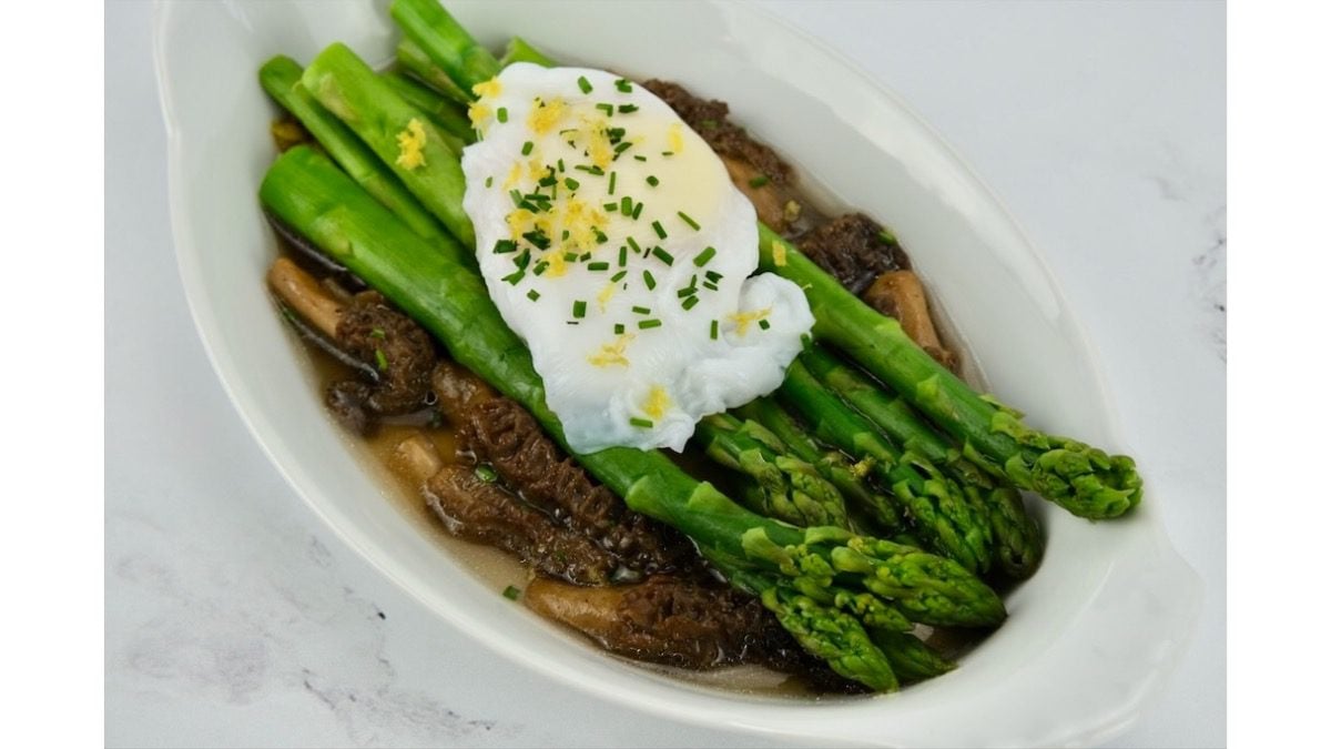 Warm Asparagus with Morel Mushrooms and a Poached Duck Egg