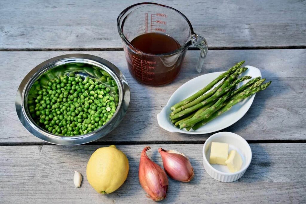 ingredients for Spring Pea and Asparagus Soup with Mint