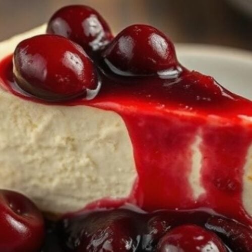 creamy cheesecake with sour cherry compote