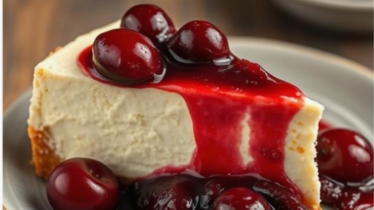 creamy cheesecake with sour cherry compote