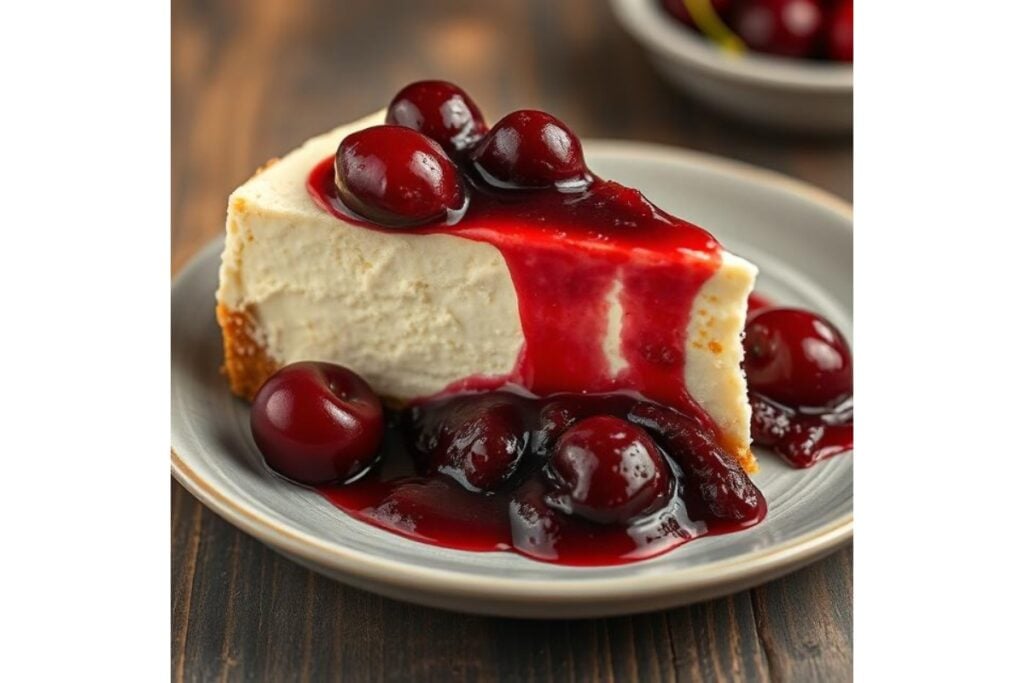 creamy cheesecake with sour cherry compote
