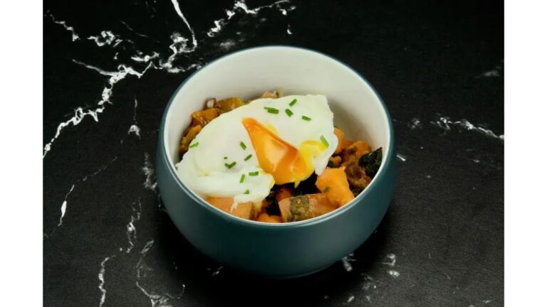 sweet potato and bacon hash with poached egg