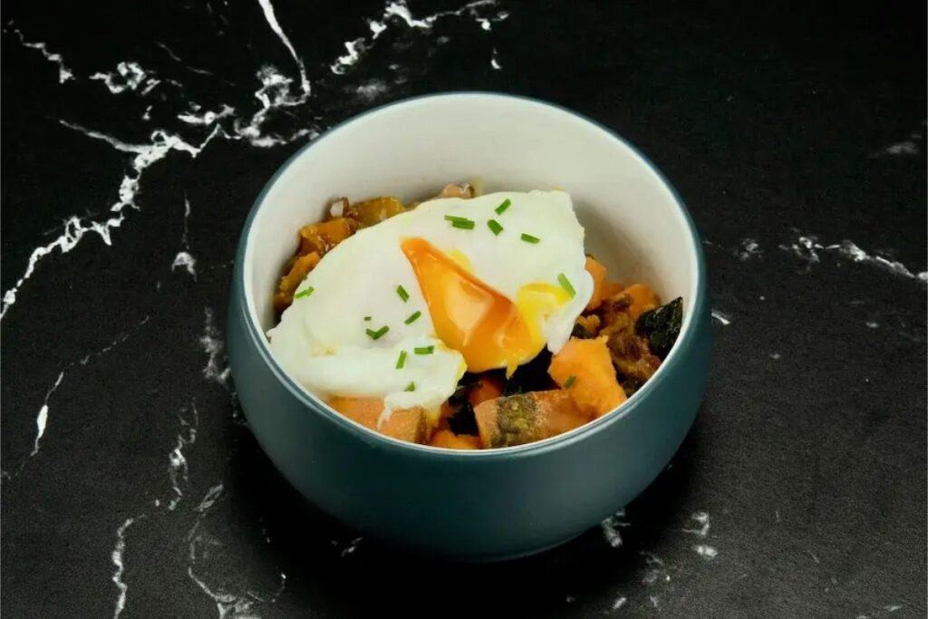 Sweet Potato Hash with Bacon and Poached Eggs