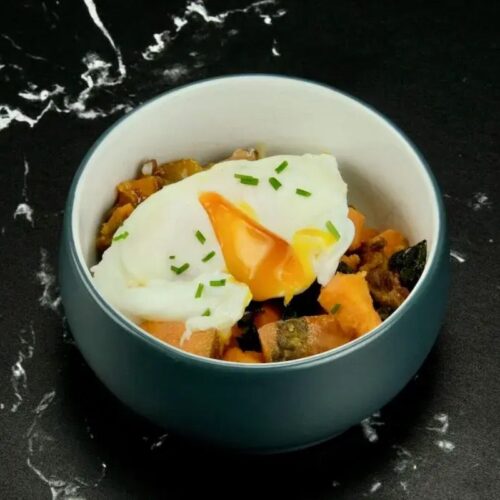 Sweet Potato Hash with Bacon and Poached Eggs