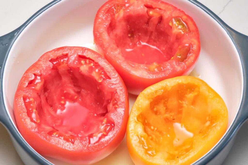hollowed out tomatoes for stuffed tomato recipe (tomates farcies)