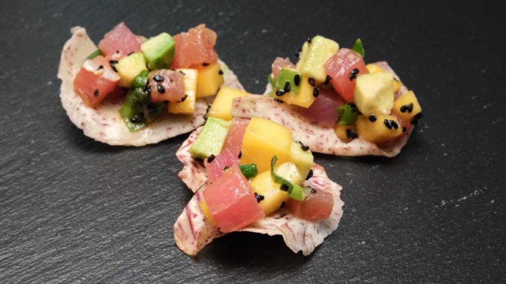 ahi tuna poke served on taro chips