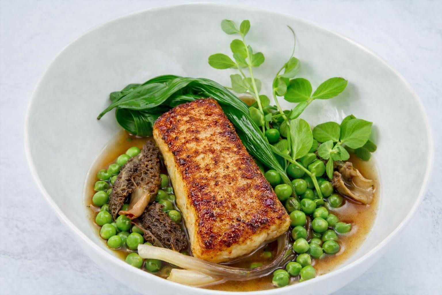Halibut with Morels, Ramps, and Peas