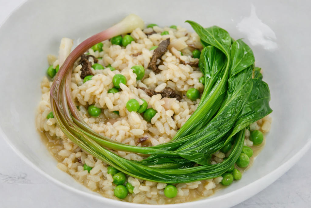 morel risotto with ramps and peas
