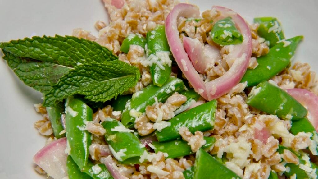 Snap Pea and Farro Salad with Pickled Onions
